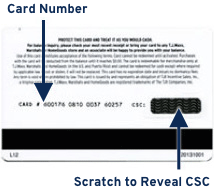 Illustration of back of gift card, showing card number on the left side, and the PIN on the right side, which must be scratched to reveal.